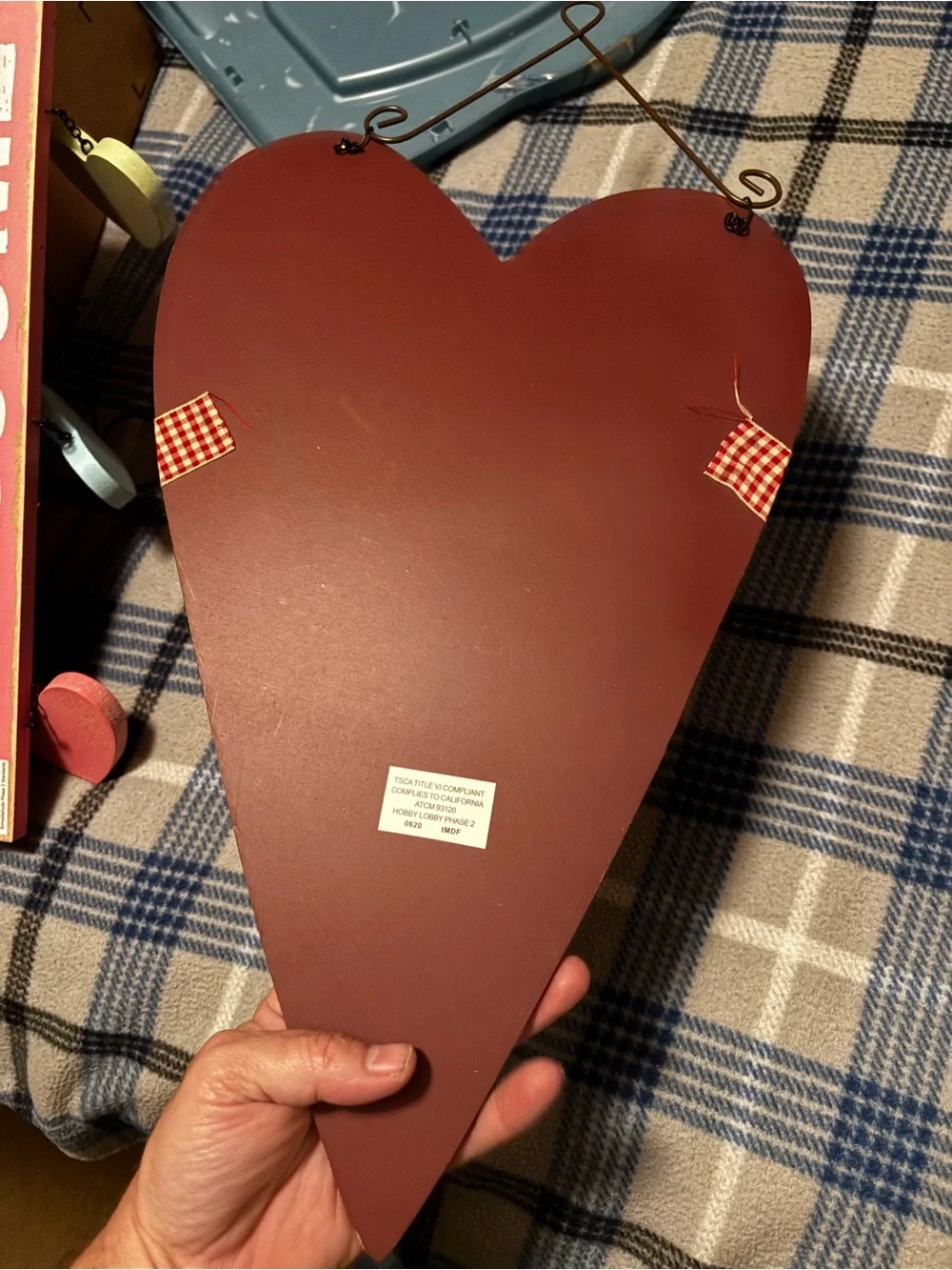 Rust Red Heart Wall Hanging with Gingham Bow